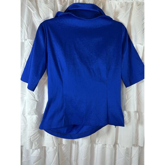 Joseph Ribkoff blouse evening wedding ruched side wire collar Designer blue 12 - Picture 5 of 6
